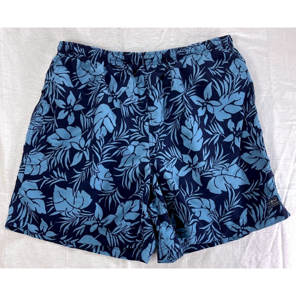 LL Bean Mens XL Blue Tropical Floral Supplex Nylon Mesh Lined Swim Trunks ODTW4